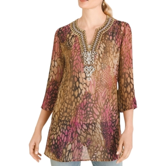 Sheer 100% silk neutral animal print v neck sequin embellished  tunic top Sz S - Picture 1 of 8